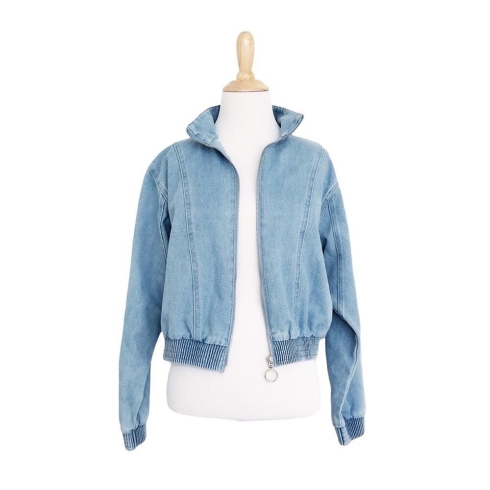 HAUTE MONDE O-Ring Zipper Wash Denim Bomber Jacket Size M - Picture 4 of 13